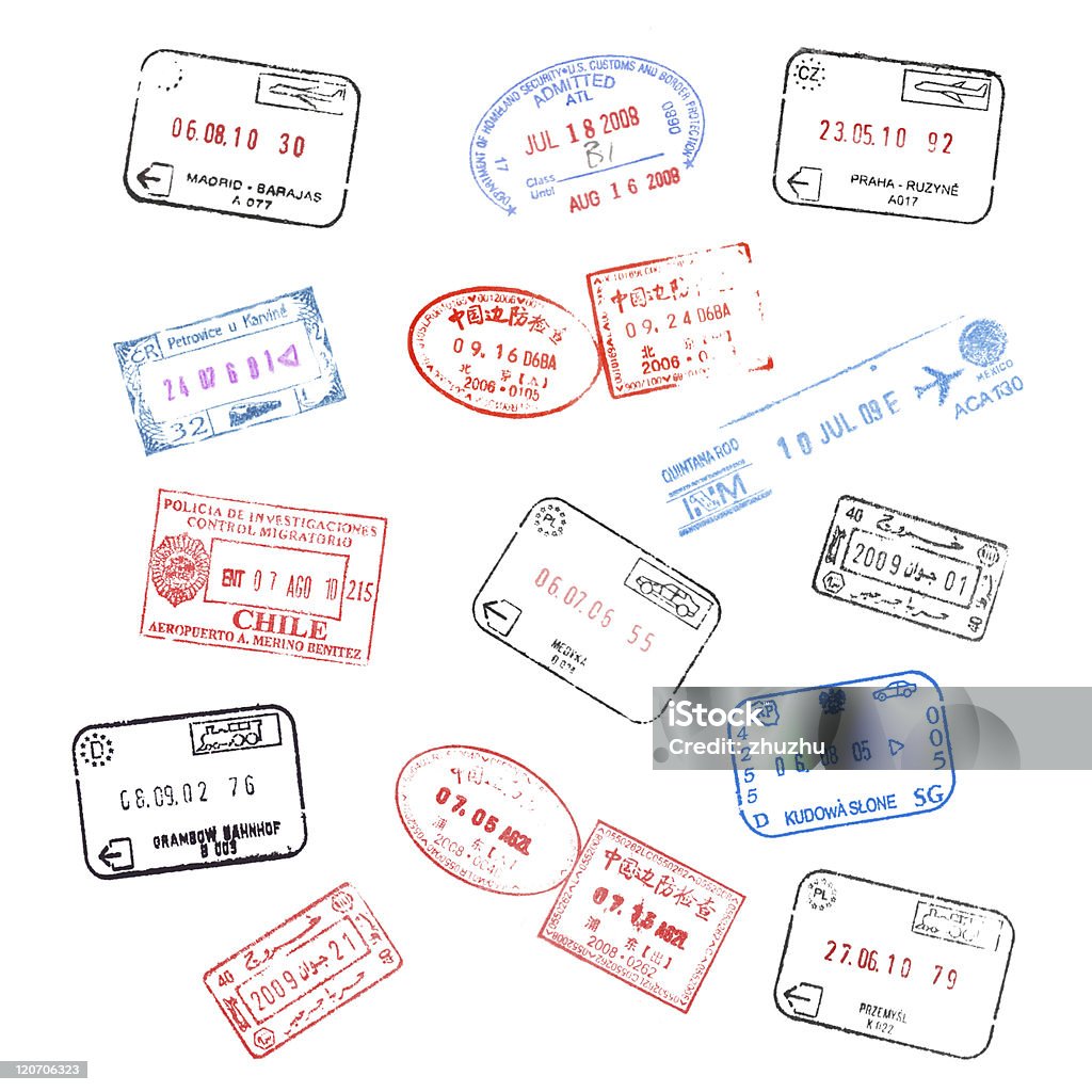 Ensemble de différents timbres de visa passeport - Photo de Tampon encreur libre de droits