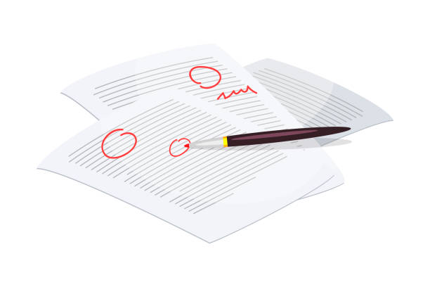 Paper page with typed text and red notes on white Paper page with typed text and red notes on white. Re-reading and checking material. Proofreading before publication. Writing, copywriting creation process. Hobby profession. Vector illustration proof reading documents stock illustrations