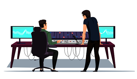 Sound music recording and creation studio at work. Record producer audio engineer workplace. Different equipment for capturing, mixing, mastering song isolated on white. Vector illustration