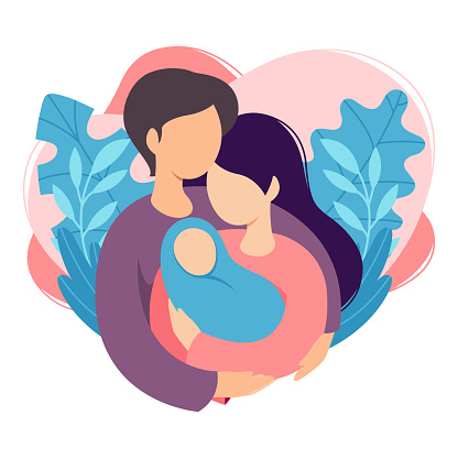 Mother and father holding their newborn baby. Couple of husband and wife become parents. Man embracing woman with child. Maternity, fatherhood, parenting. Cartoon flat vector illustration.