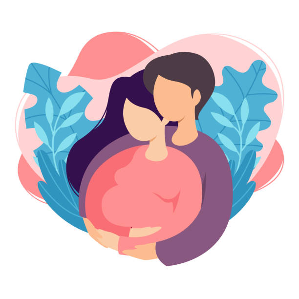 ilustrações de stock, clip art, desenhos animados e ícones de future parents man and woman are expecting a baby. couple of husband and wife prepare become parents. man embracing pregnant woman with belly. maternity, fatherhood. flat vector illustration. - abdomen gynecological examination women loving