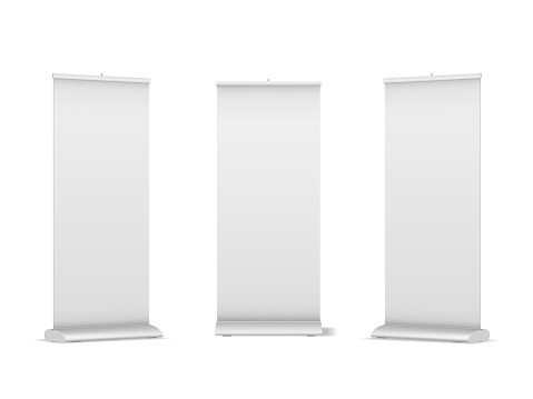Roll-up, pop-up or pull-up banner stands isolated on white background. Collection of clean blank vertical posters for marketing, promotion and advertisement. Modern realistic vector illustration.