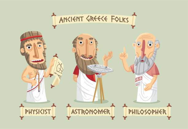 Ancient Greece characters set Ancient Greece science set: a physicist doing calculations, an astronomer learning from stars and a philosopher sharing his knowledge. classical greek illustrations stock illustrations