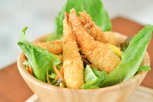 shrimp salad, shrimp and vegetable salad - prepared shrimp prawn seafood salad imagens e fotografias de stock