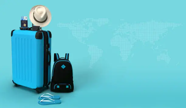 Photo of blue suitcase with passport 3d render illustration for traveler