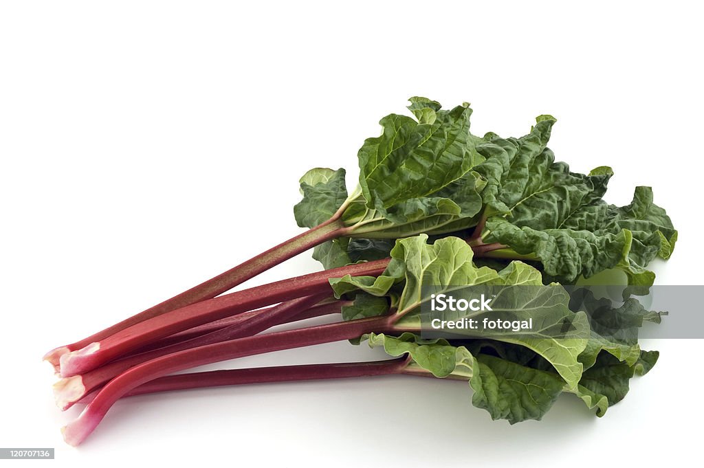 Red stems and green leaves of Rhubarb on a white surface Bunch of fresh picked organic rhubarb isolated on white background Rhubarb Stock Photo
