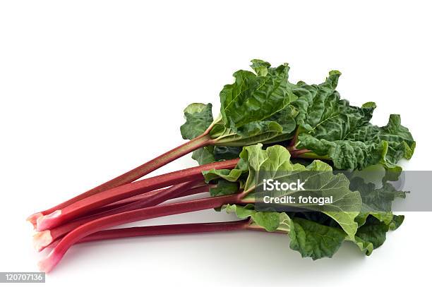 Red Stems And Green Leaves Of Rhubarb On A White Surface Stock Photo - Download Image Now