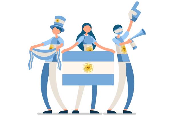 Argentina Flag Argentine People Crowd of persons celebrate national day of Argentina with a flag. Argentine people celebrating a football team. Soccer symbol and victory celebration. Sports cartoon symbolic flat vector illustration argentinian ethnicity stock illustrations
