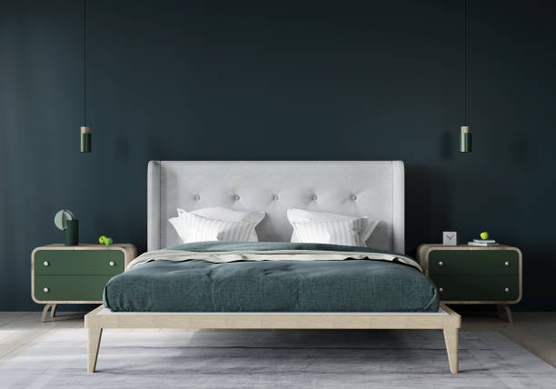 istock Stylish bedroom interior in dark green and light beige 1207073685