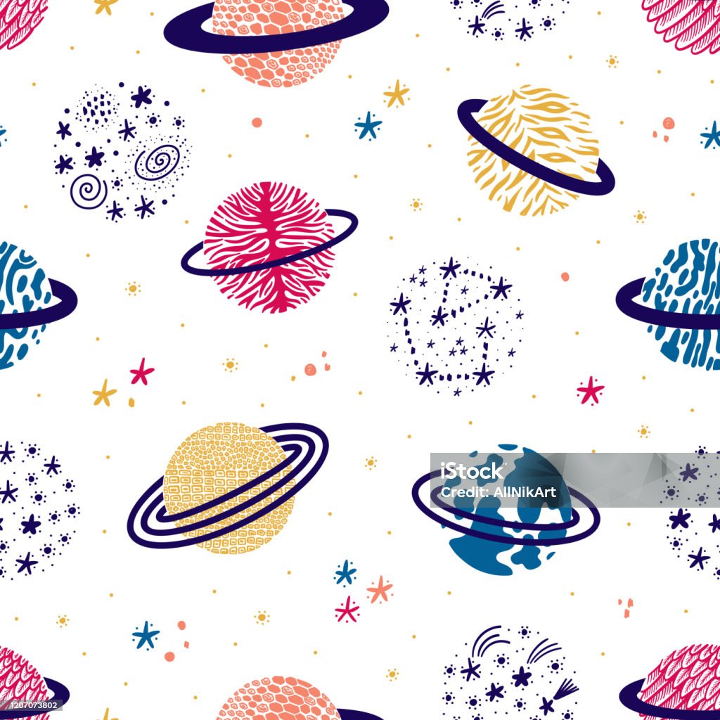 Vector Space Seamless Pattern With Doodle Saturn Planet And Stars Cartoon  Colorful Space Background With Abstract Fantastic Planets With Wild Animal  Print Skin Magical Wallpaper For Kids Stock Illustration - Download Image