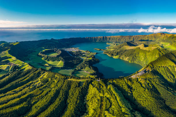 Azores Sao Miguel Miradouro da Vista do Rei - Sete Cidades - aerial drone view Azores Sao Miguel, Miradouro da Vista do Rei, Sete Cidades,, aerial drone view sao miguel stock pictures, royalty-free photos & images