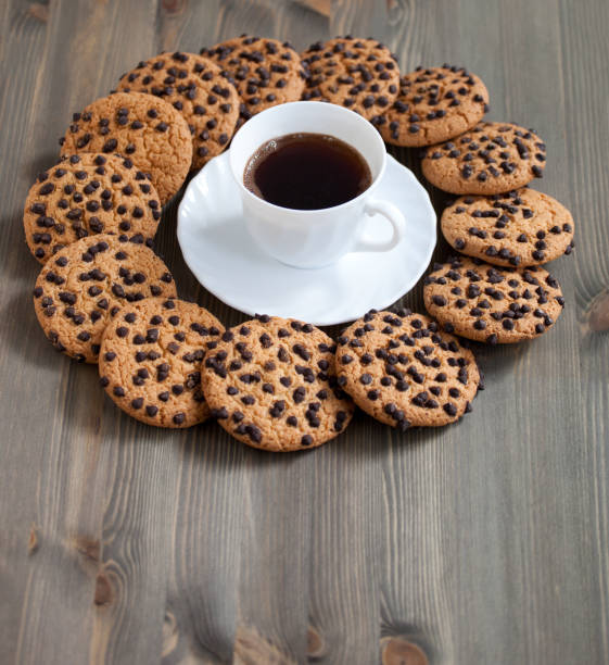 chocolate chip cookies stacked at coffee cup
