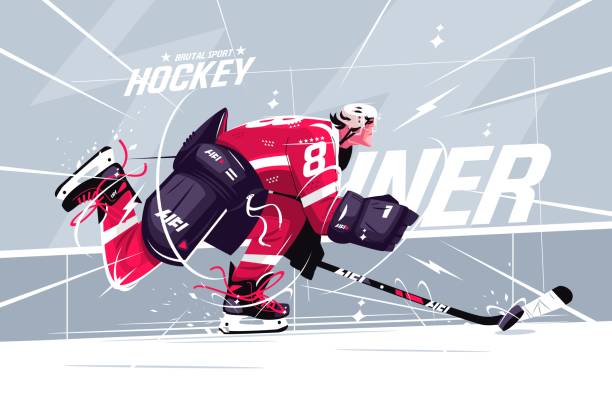 ilustraciones, imágenes clip art, dibujos animados e iconos de stock de jugador de hockey en el campo de hielo - ice hockey illustrations