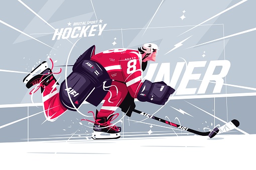 Hockey player on ice field vector illustration. Man in special outfit stickhandling puck to opponents goal. Puck-carrier breaking to slot flat style design. Brutal sport concept