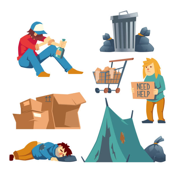 Homeless people cartoon vector characters set Homeless female, male characters cartoon vector set isolated on white background. Poor people asking help, begging alms, sitting drunk with bottle of alcohol, lying and sleeping on street illustration beg alms stock illustrations