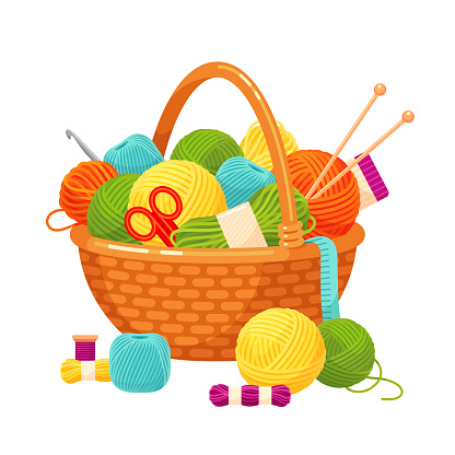 Basket with knitting balls, bright decorative home hobby