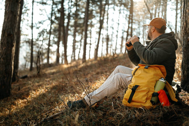 istock Mature explorer sitting near tree on mountain and looking through binoculars 1207081765