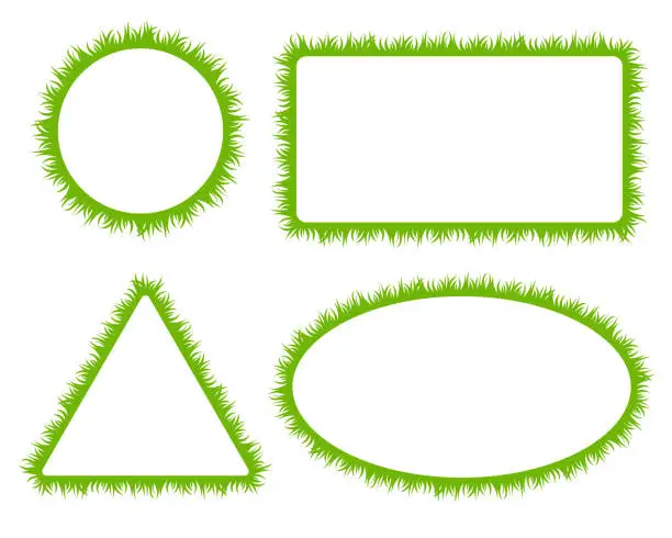 Vector illustration of Vector green lawn grass texture geometric border illustration: natural, organic, bio, eco label and shape on white background. Ground land pattern frame.