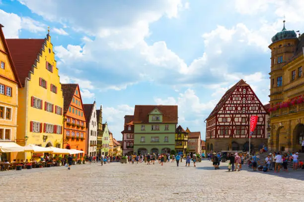 Photo of Old houses in Rothenburg ob der Tauber, picturesque medieval city in Germany, famous UNESCO world culture heritage site, popular travel destination