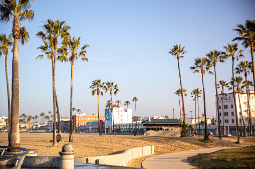 Venice Beach, California, USA – July 6, 2014: The famous bohemian seaside beach town of the Venice neighborhood in Los Angeles County with shops, restaurants and many people on walking, people watching, and artists selling their work.