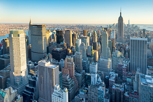 Looking over Manhattan towards the Empire State Building in New York City, USA.