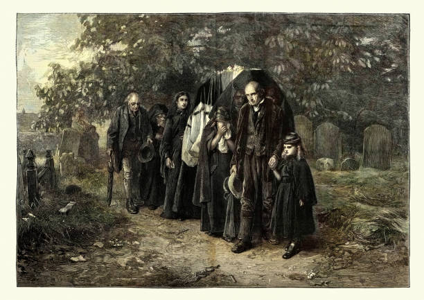 Victorian Village Funeral, greaving family leading coffin to the grave Vintage engraving of I am the Resurrection and the Life (The Village Funeral). Frank Holl, 1872, 19th Century funeral procession stock illustrations