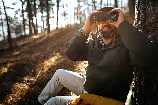 Mature explorer using binoculars while resting, sitting near tree on a mountain and looking at view
