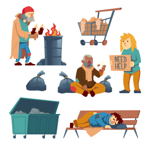 Homeless beggars cartoon vector characters set Homeless people cartoon vector characters set isolated on white background. Poor man sleeping on bench, woman asking for help with signboard in hands, beggar warming palms, begging alms illustration beg alms stock illustrations