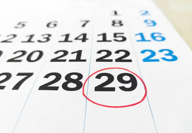 Photo of calendar of february in leap year with 29 number in red circle