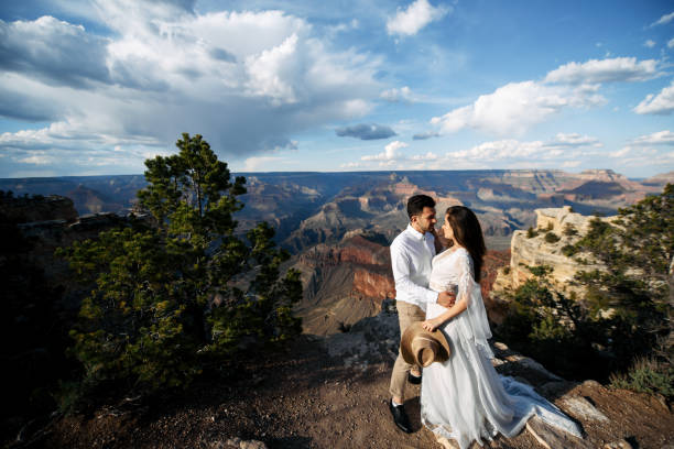 istock Bride and groom kiss on a canyon 1207086364