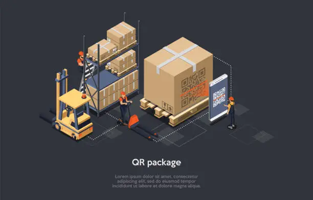 Vector illustration of Isometric Concept Of Warehouse, Logistic Delivery Service And Staff. Workers Are Sorting, Scanning Goods. Worker Is Scanning Qr Code Of Package Before Loading And Shipment. Vector illustration