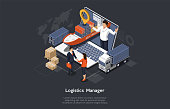 Isometric Logistics Manager And Warehouse Concept. Maritime And Overland Transport Logistics. Big Ship, Truck, Cargo, Manager On The Monitor And Happy Customers Shaking Hands. Vector Illustration