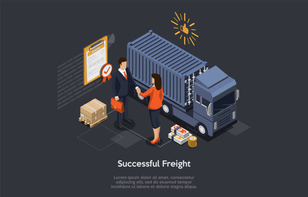 ilustrações de stock, clip art, desenhos animados e ícones de isometric successful logistics deals, freight, storage and warehouse concept. truck, cargo, female manager and male happy customer conclude the successful deal and shaking hands. vector illustration - globe occupation working world map