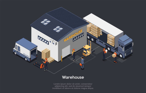 ilustrações de stock, clip art, desenhos animados e ícones de isometric warehouse concept. on time delivery home and office. delivery truck, work staff, manager controls process of loading and unloading cargo. work process on warehouse. vector illustration - warehouse