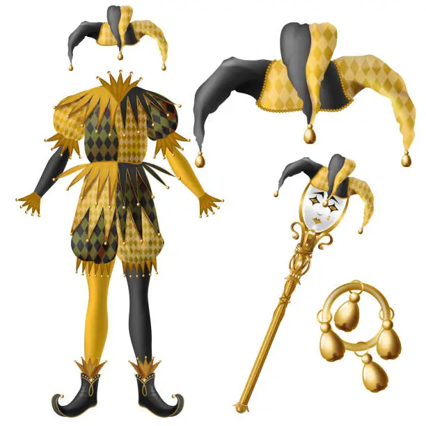 Vector illustration of Jester costume elements realistic vector set