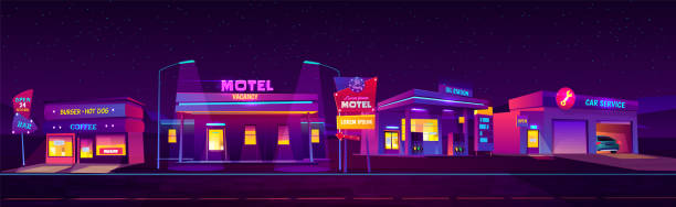 Night motel and service accommodation for tourists Night roadside motel with parking, oil station, burger and coffee bar and car service glowing with neon purple lights. Index billboard 24 hours accommodation for tourists. cartoon vector illustration. roadside motel stock illustrations