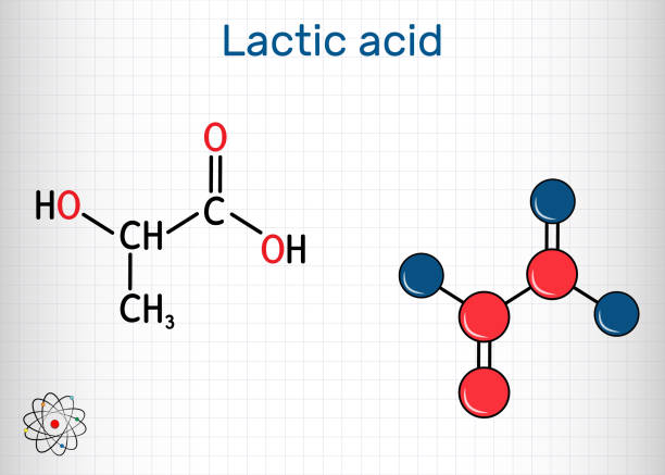 milchsäure, laktat, milchzucker, c3h6o3 molekül. es ist lebensmittelzusatzstoff e270 und alpha-hydroxysäure aha.  strukturelle chemische formel und molekülmodell. blatt papier in einem käfig - milchsäure stock-grafiken, -clipart, -cartoons und -symbole