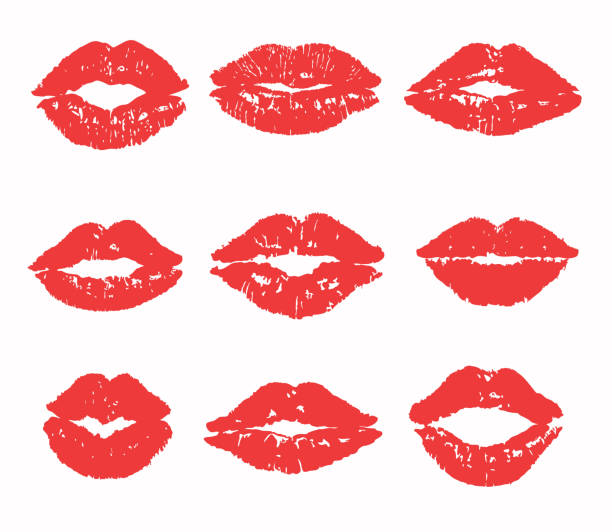 kuss-aufdruck, spur, silhouette. vektor rot lippenstift küsse set. - lipstick kiss stock-grafiken, -clipart, -cartoons und -symbole