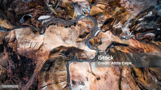 Drone Aerial View Of Kerlingarfjoll Geothermal Area Highland Of Iceland Europe Interesting Snowriver And Mountain Patterns Stock Photo - Download Image Now