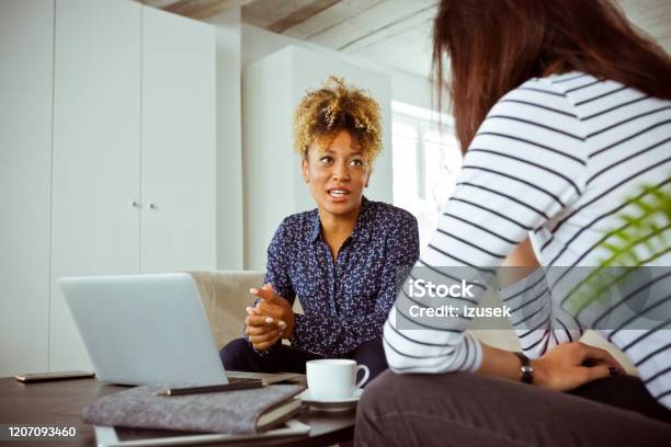Mid Adult Businesswoman Talking With Customer Stock Photo - Download Image Now - Customer, Visit, Advice