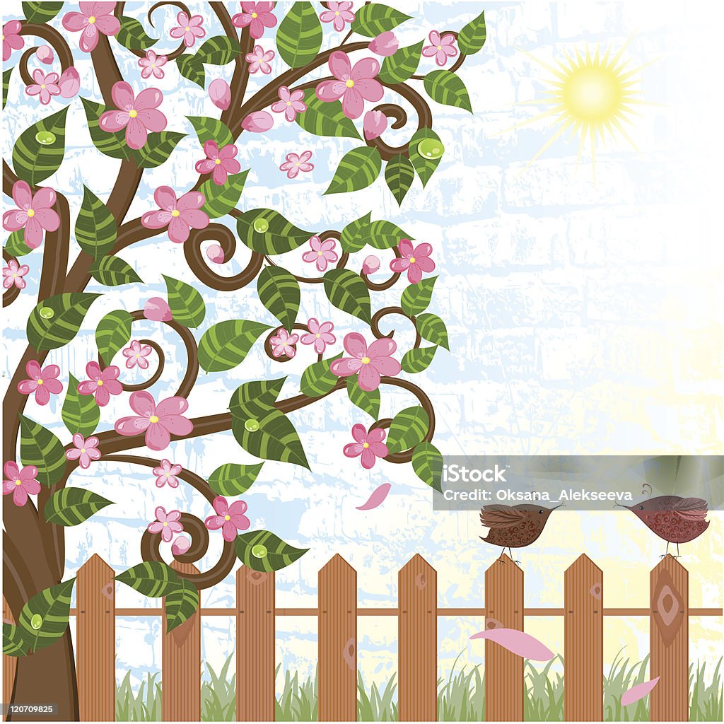 Cherry blossoms от Забор с изображением птиц - Векторная графика Абстрактный роялти-фри