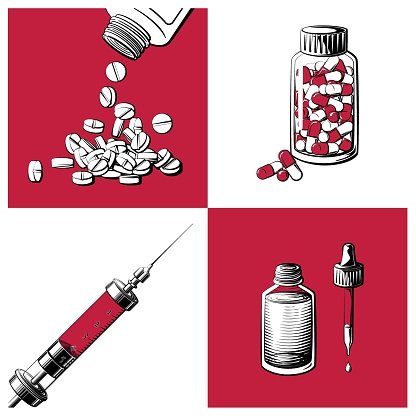 Vector set of medicine elements: capsule and tablet pills, syringe, liquid medicine with pipette. Medical equipment ink style drawings on cards.