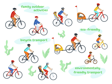 Character set. Men, women and children of different ages ride bicycles in helmets. Parents ride bicycles with their children in a bicycle seat. Aged people on a bike ride. Family Outdoor Activities
