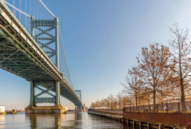 istock Park, Delaware River, and Benjamin Franklin Bridge into downtown Philadelphia 1207102884