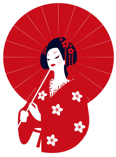 기모노를 입은 게이샤가 빨간 우산을 손에 들고 있습니다. 벡터 그림입니다. 일본의 상징으로 빨간 원. - traditional festival japanese flag japanese culture japan stock illustrations