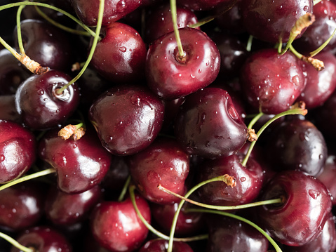 Selective focus, juicy organic cherries with water drops. Food berry background of ripe cherry