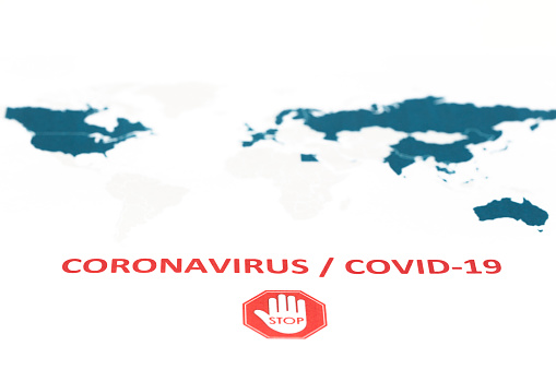 Novel Covid-19, Wuhan virus concept from China. Text phrase Coronavirus on world map with blue countries infected by virus, on white background. Copy space.