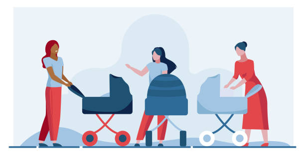 прогулка новых матерей - mother baby carriage women walking stock illustrations