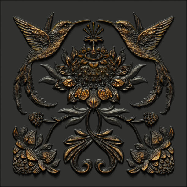 3d render, black gold antique floral carving, hummingbirds, tropic birds, aged metallic tile, embossed botanical pattern, medieval ornament, ancient ironwork, tropical flowers and leaves motif 3d render, black gold antique floral carving, hummingbirds, tropic birds, aged metallic tile, embossed botanical pattern, medieval ornament, ancient ironwork, tropical flowers and leaves motif art nouveau ironwork stock pictures, royalty-free photos & images