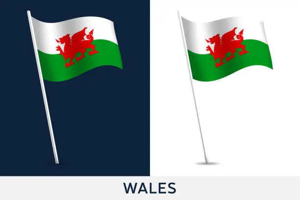 Vector illustration of Wales vector flag. Waving national flag of Wales isolated on white and dark background. Official colors and proportion of flag. Vector illustration. European football 2020 tournament final stage